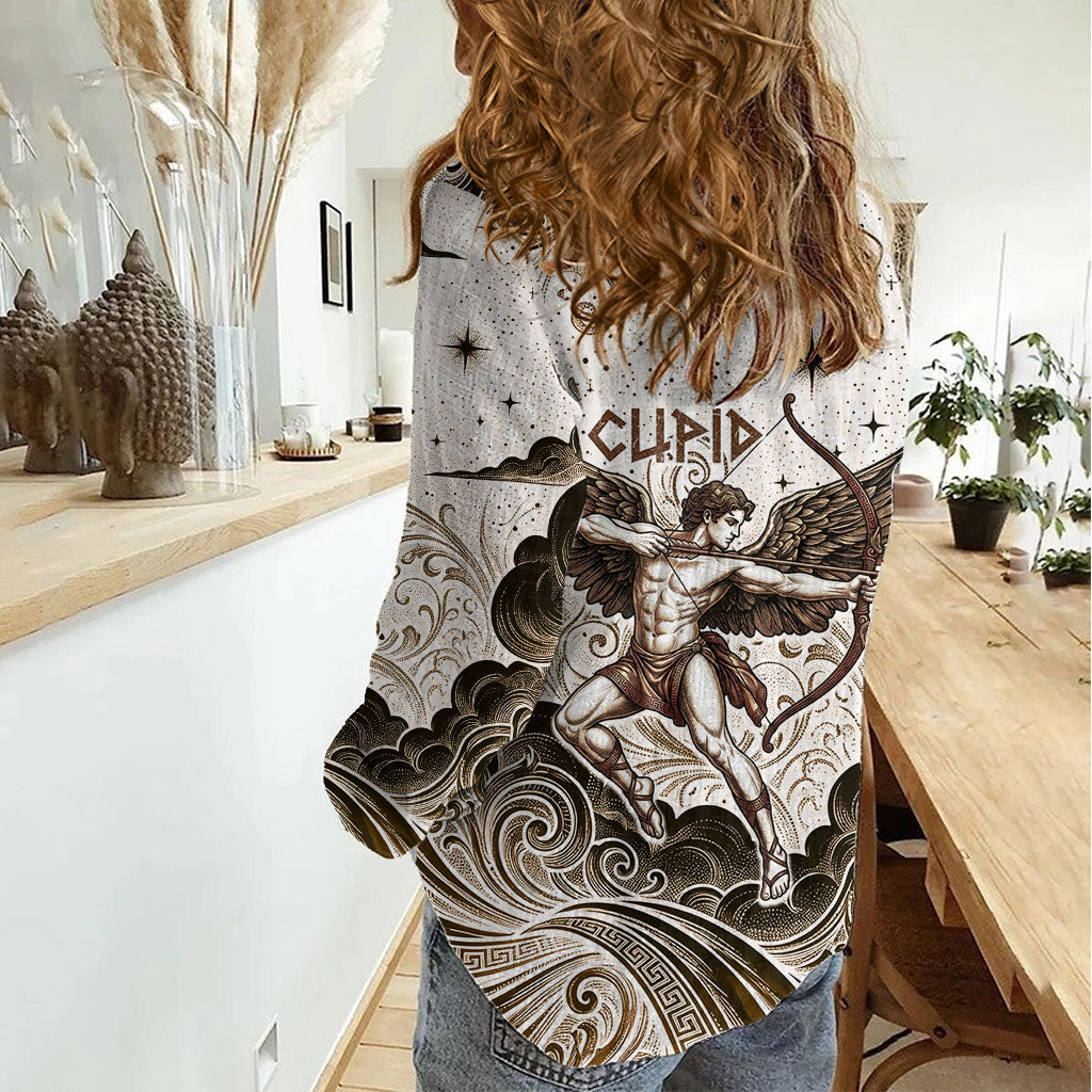 Eros Greek Mythology Cupid God Of Love Women Casual Shirt Winged Archer Eros Bow Arrow And Celestial Clouds