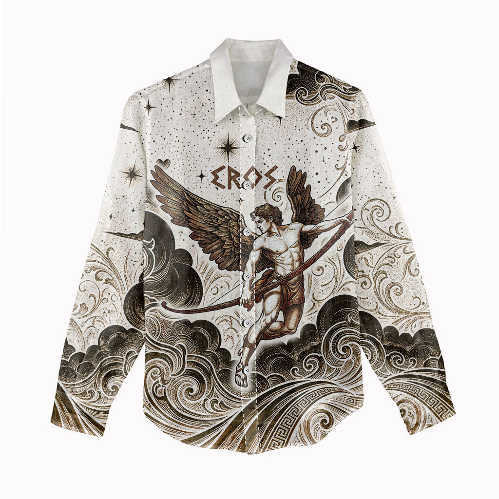 Eros Greek Mythology Cupid God Of Love Women Casual Shirt Winged Archer Eros Bow Arrow And Celestial Clouds