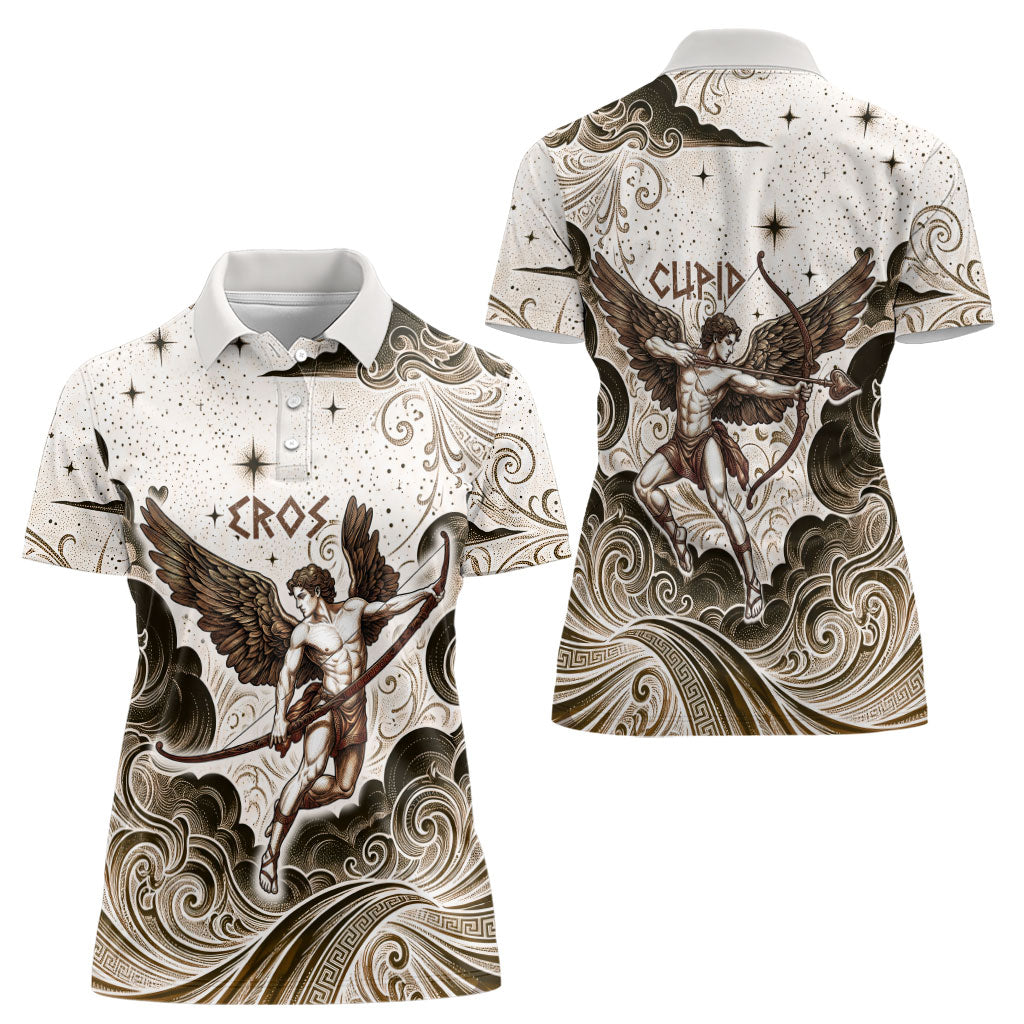 Eros Greek Mythology Cupid God Of Love Women Polo Shirt Winged Archer Eros Bow Arrow And Celestial Clouds
