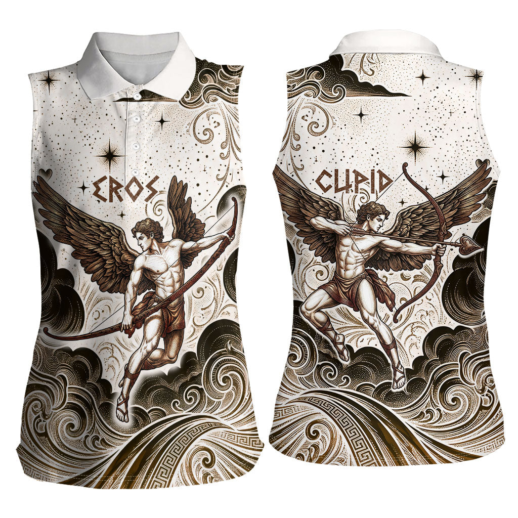 Eros Greek Mythology Cupid God Of Love Women Sleeveless Polo Shirt Winged Archer Eros Bow Arrow And Celestial Clouds