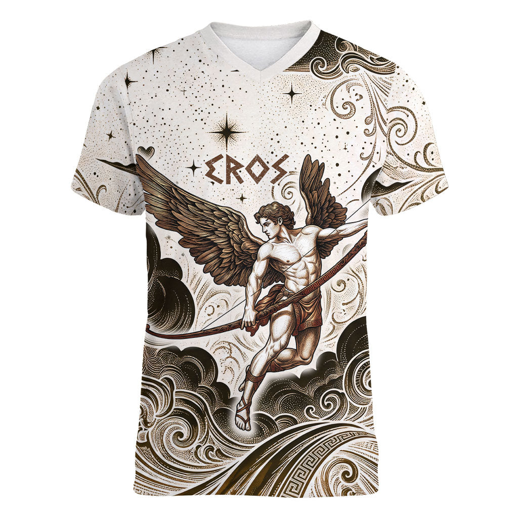 Eros Greek Mythology Cupid God Of Love Women V-Neck T-Shirt Winged Archer Eros Bow Arrow And Celestial Clouds