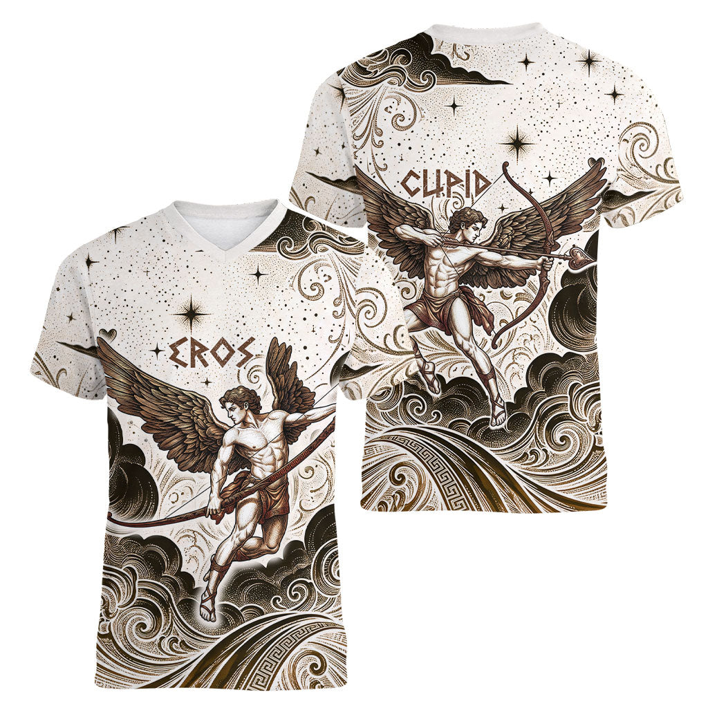 Eros Greek Mythology Cupid God Of Love Women V-Neck T-Shirt Winged Archer Eros Bow Arrow And Celestial Clouds
