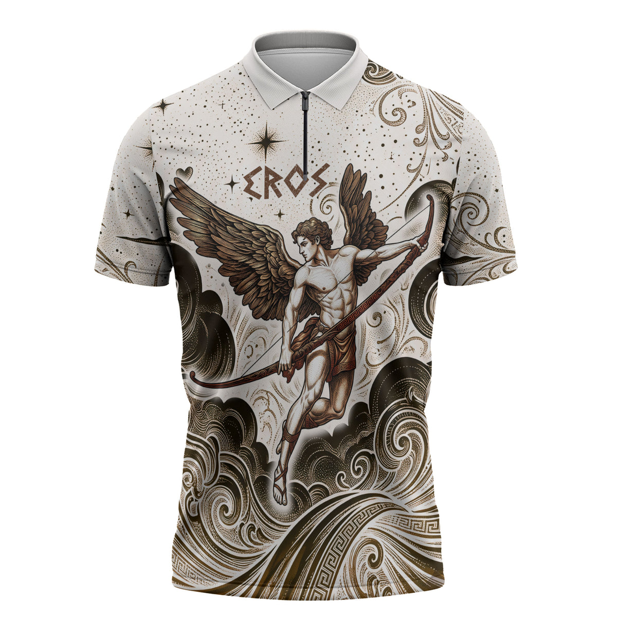 Eros Greek Mythology Cupid God Of Love Zipper Polo Shirt Winged Archer Eros Bow Arrow And Celestial Clouds
