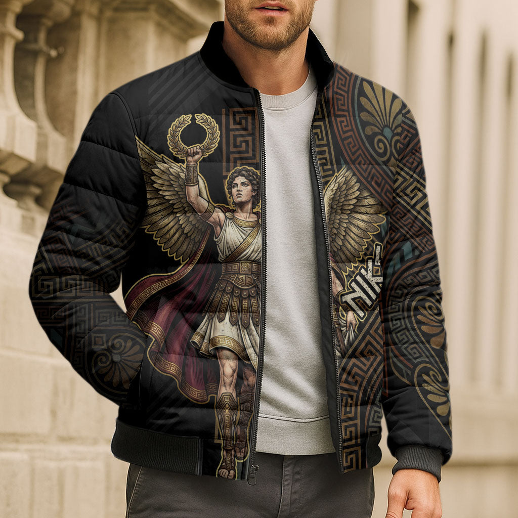 Nike Goddess Bomber Puffer Jacket Ancient Greece Laurel Wreath And Greek Key