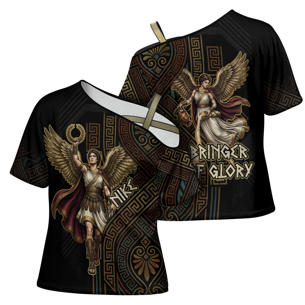 Nike Goddess Cross Shoulder Shirt Ancient Greece Laurel Wreath And Greek Key
