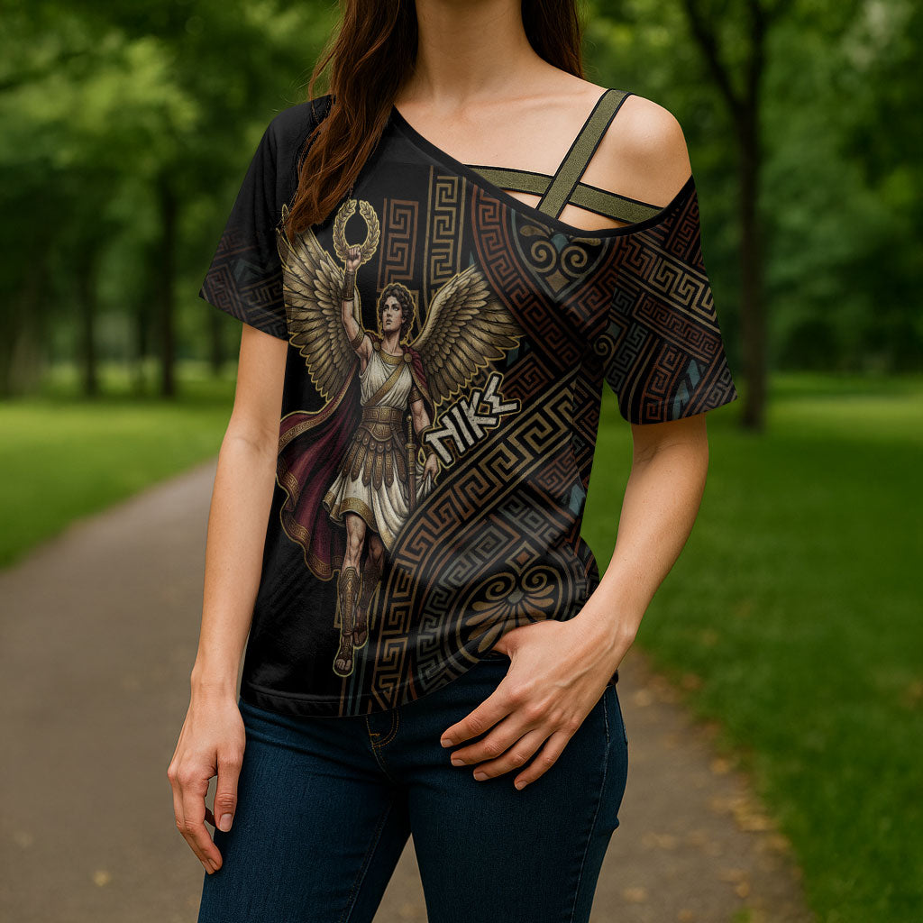 Nike Goddess Cross Shoulder Shirt Ancient Greece Laurel Wreath And Greek Key
