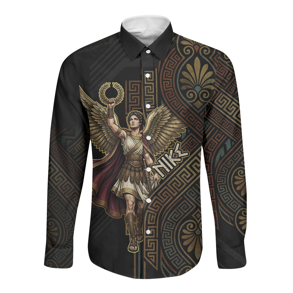 Nike Goddess Long Sleeve Button Shirt Ancient Greece Laurel Wreath And Greek Key