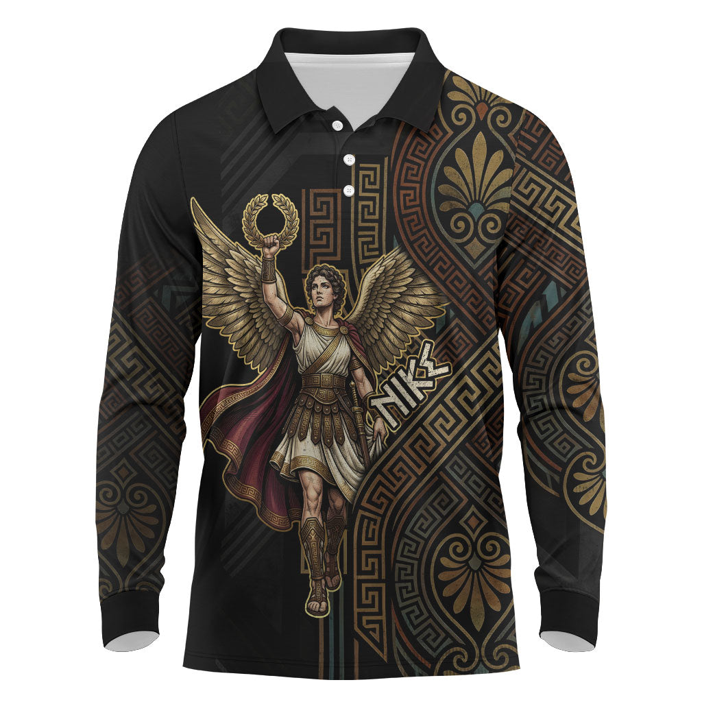 Nike Goddess Long Sleeve Polo Shirt Ancient Greece Laurel Wreath And Greek Key