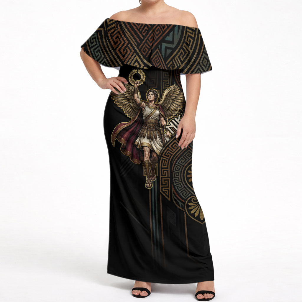 Nike Goddess Off Shoulder Maxi Dress Ancient Greece Laurel Wreath And Greek Key