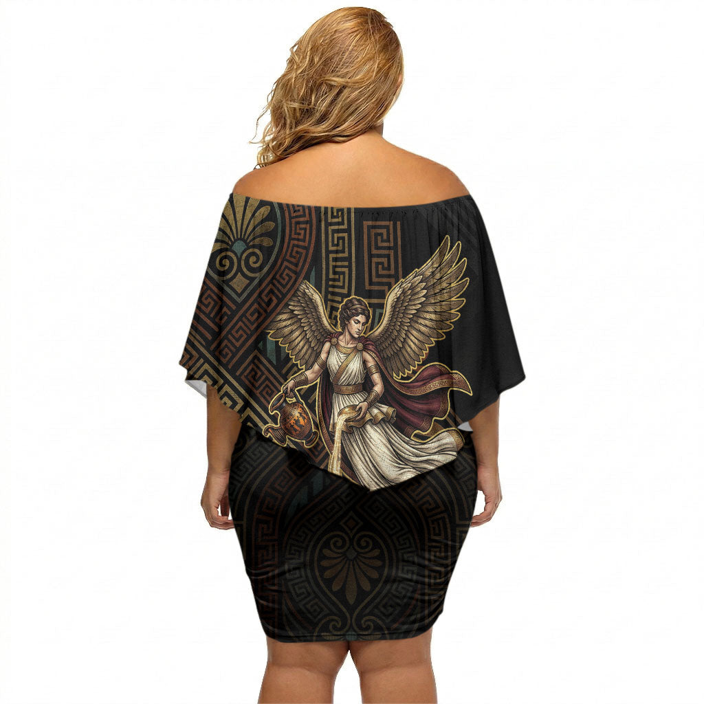 Nike Goddess Off Shoulder Short Dress Ancient Greece Laurel Wreath And Greek Key