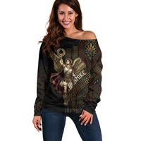 Nike Goddess Off Shoulder Sweater Ancient Greece Laurel Wreath And Greek Key
