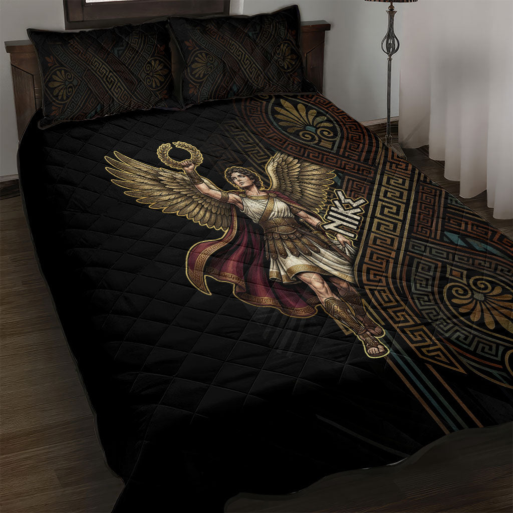 Nike Goddess Quilt Bed Set Ancient Greece Laurel Wreath And Greek Key