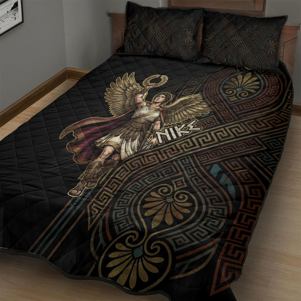 Nike Goddess Quilt Bed Set Ancient Greece Laurel Wreath And Greek Key