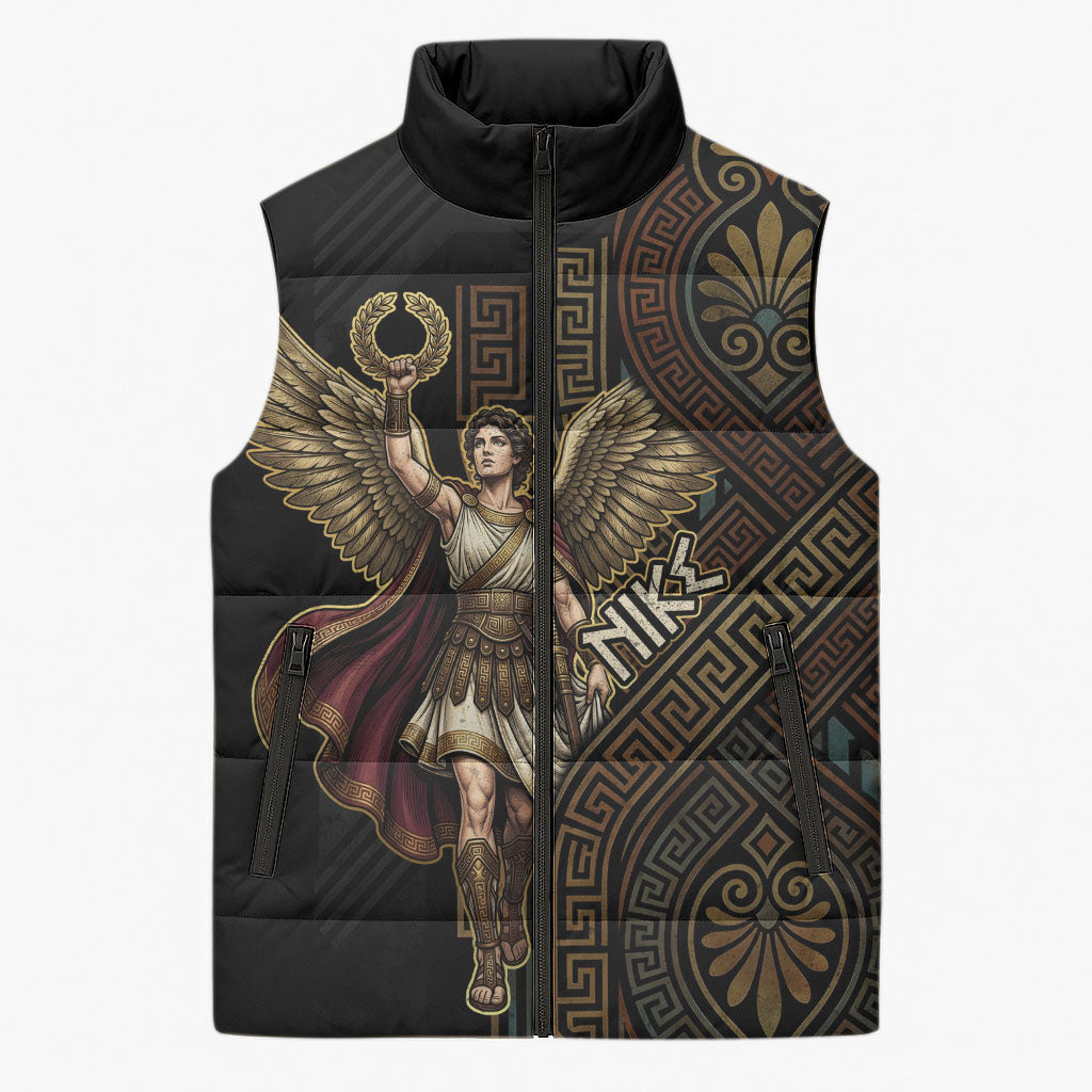 Nike Goddess Sleeveless Puffer Jacket Ancient Greece Laurel Wreath And Greek Key