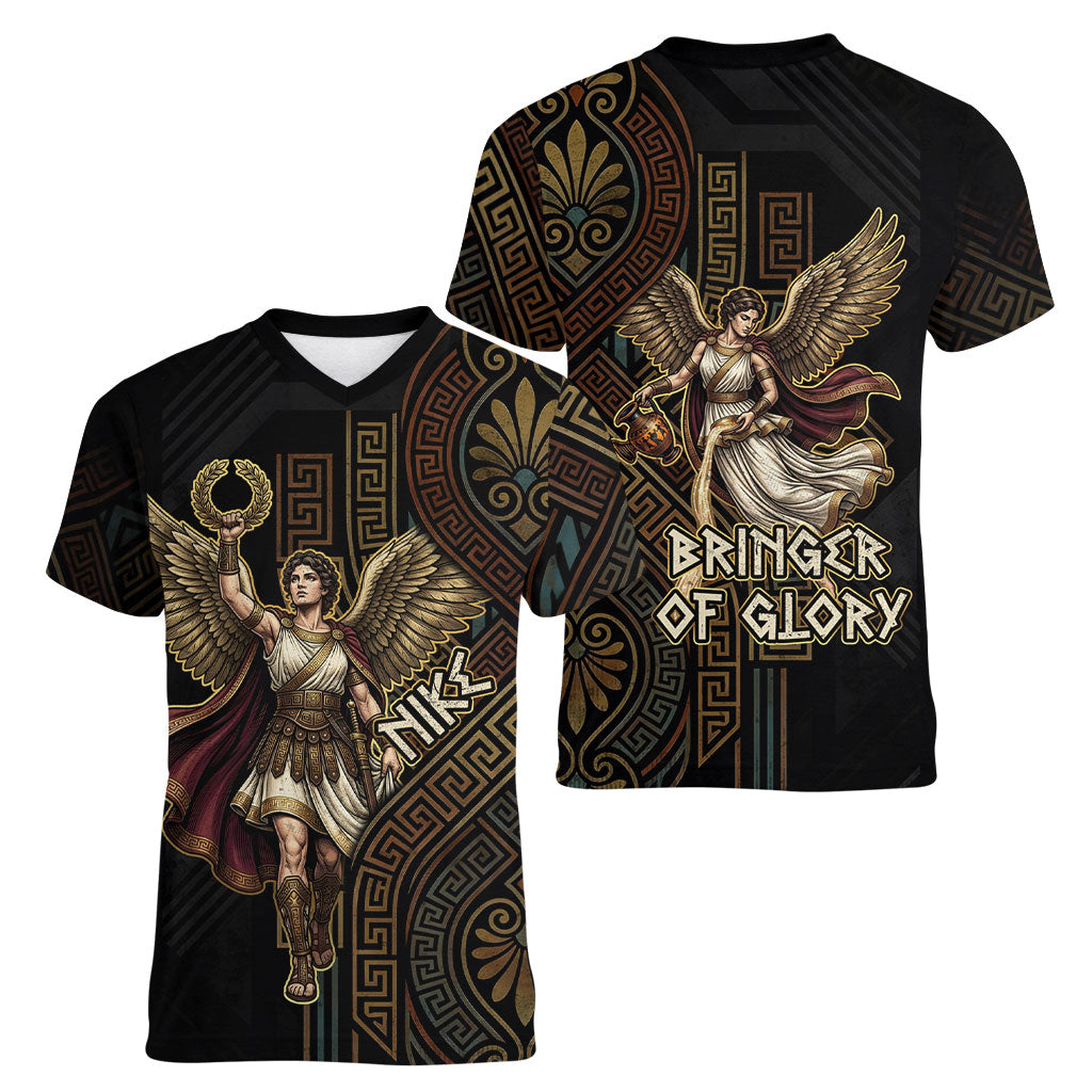 Nike Goddess Women V-Neck T-Shirt Ancient Greece Laurel Wreath And Greek Key