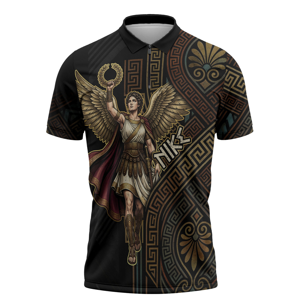 Nike Goddess Zipper Polo Shirt Ancient Greece Laurel Wreath And Greek Key
