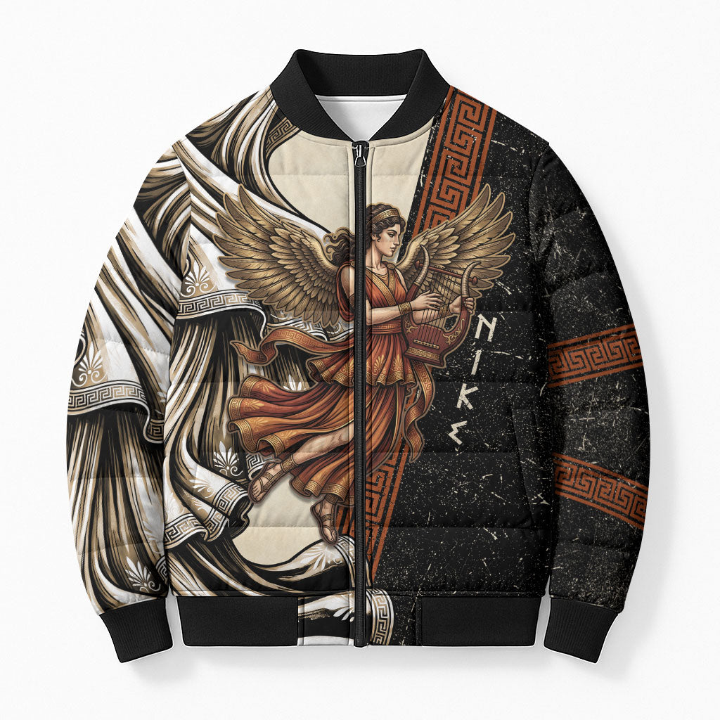Nike Goddess Bomber Puffer Jacket Winged Goddess Lyre Instrument And Greek Key