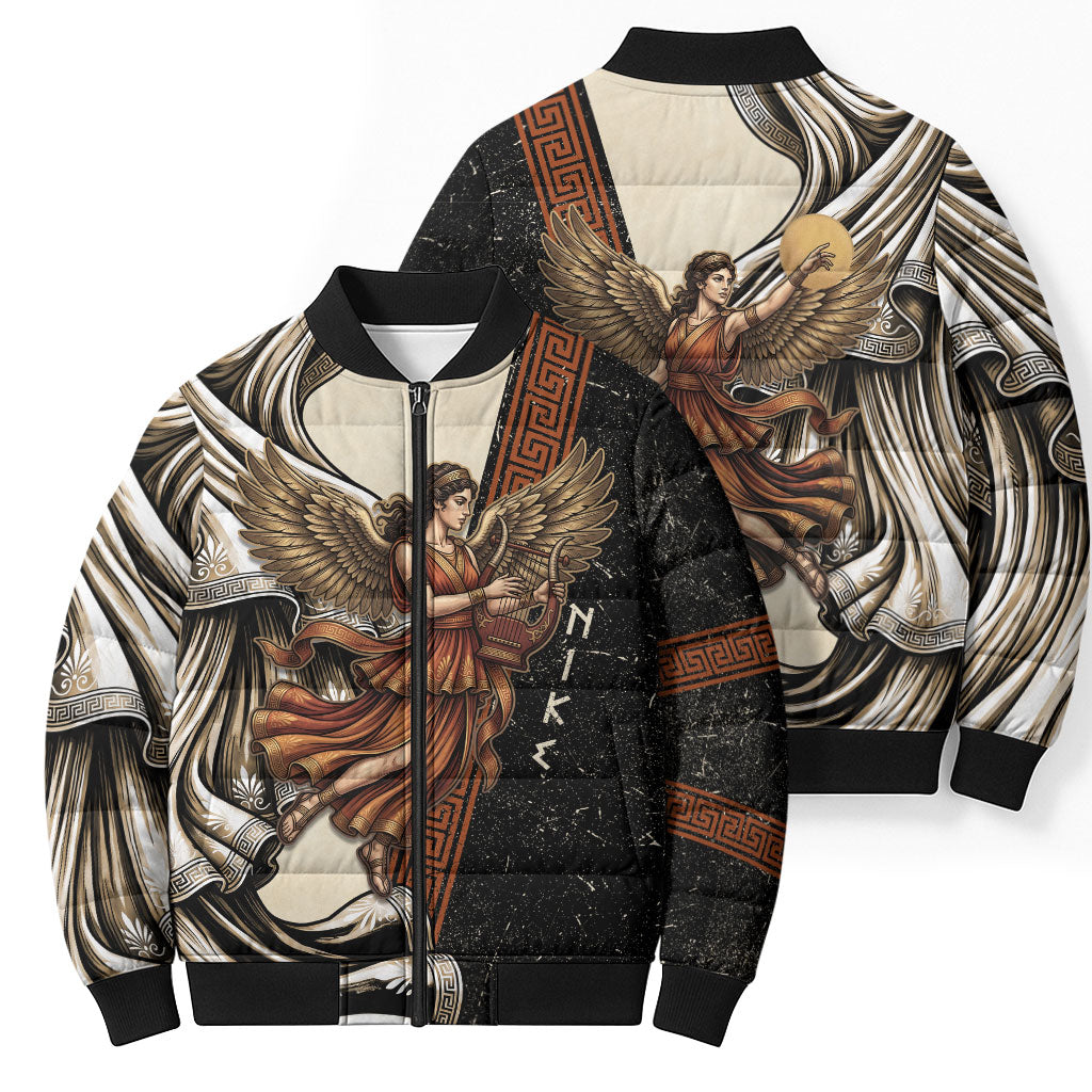 Nike Goddess Bomber Puffer Jacket Winged Goddess Lyre Instrument And Greek Key