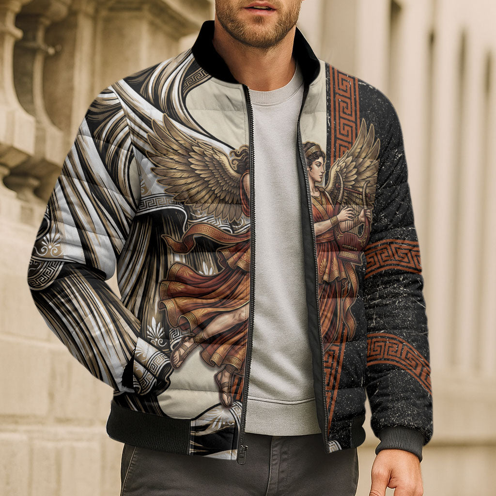 Nike Goddess Bomber Puffer Jacket Winged Goddess Lyre Instrument And Greek Key