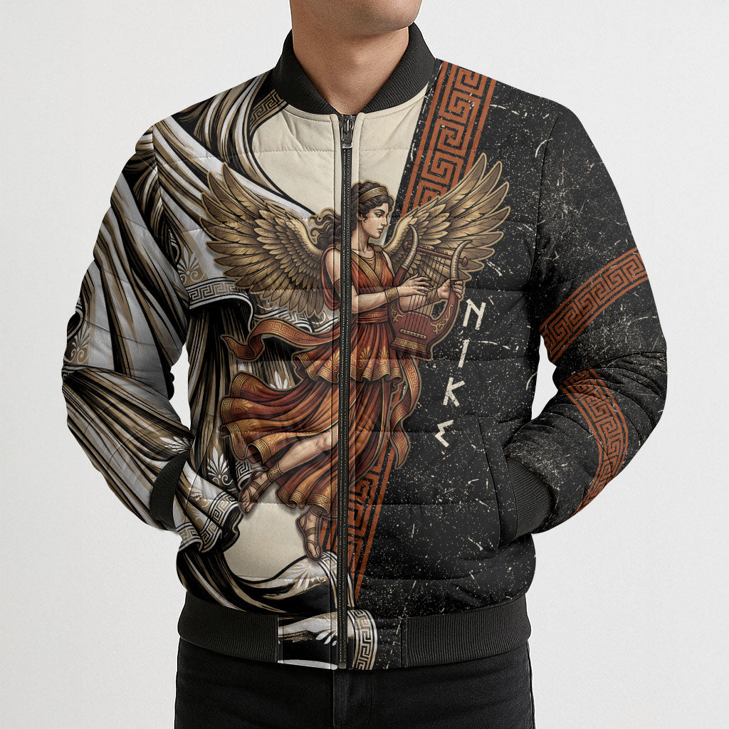 Nike Goddess Bomber Puffer Jacket Winged Goddess Lyre Instrument And Greek Key