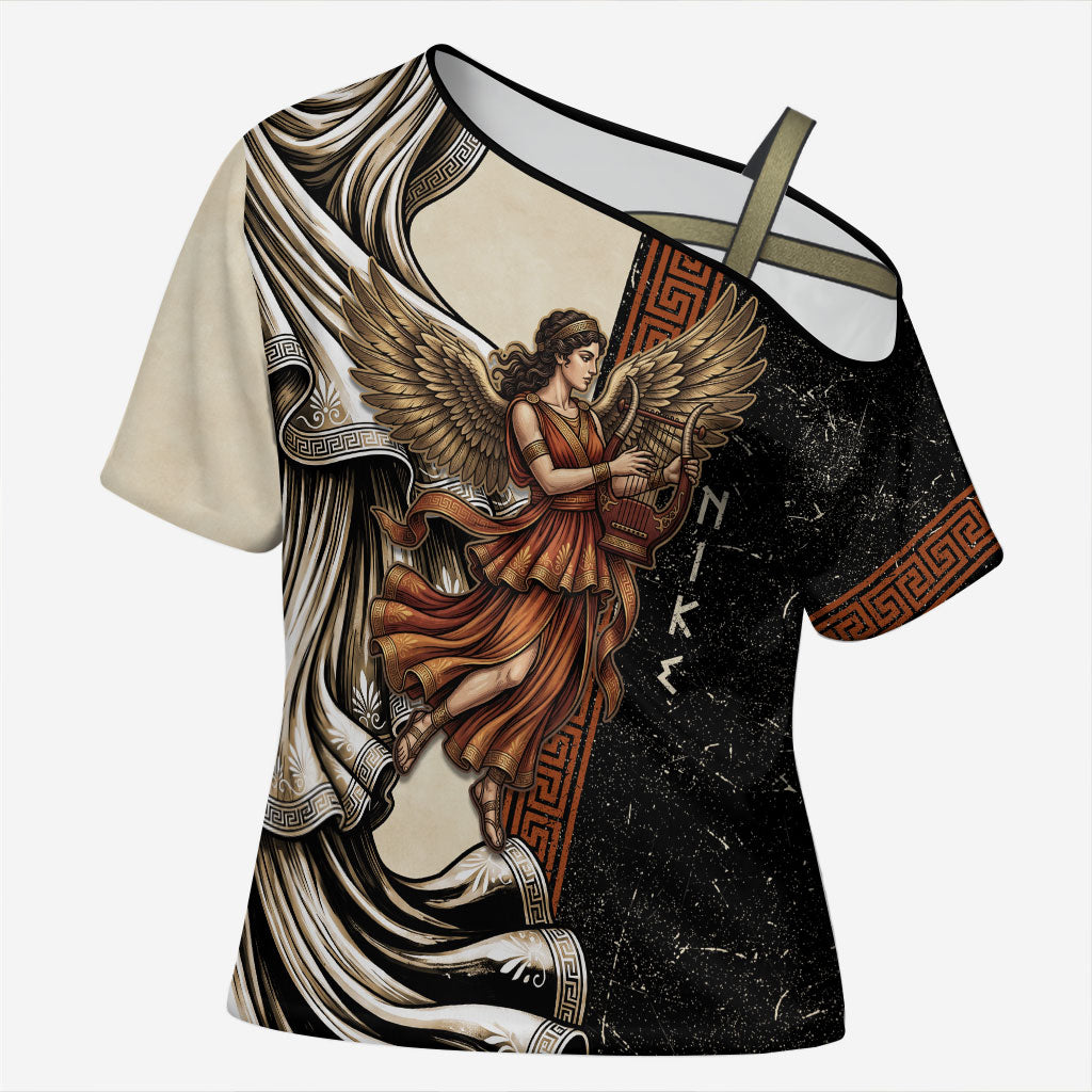 Nike Goddess Cross Shoulder Shirt Winged Goddess Lyre Instrument And Greek Key
