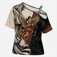 Nike Goddess Cross Shoulder Shirt Winged Goddess Lyre Instrument And Greek Key