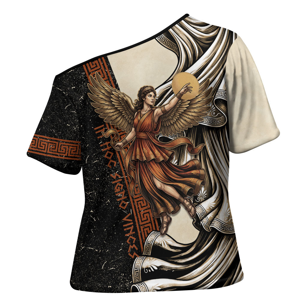 Nike Goddess Cross Shoulder Shirt Winged Goddess Lyre Instrument And Greek Key