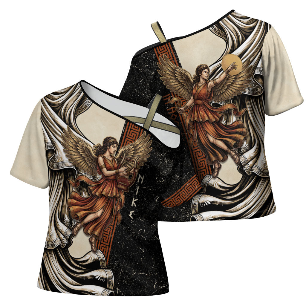 Nike Goddess Cross Shoulder Shirt Winged Goddess Lyre Instrument And Greek Key