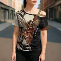 Nike Goddess Cross Shoulder Shirt Winged Goddess Lyre Instrument And Greek Key