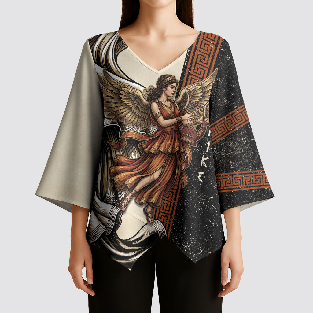 Nike Goddess Kimono Sleeve Blouse Winged Goddess Lyre Instrument And Greek Key