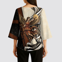 Nike Goddess Kimono Sleeve Blouse Winged Goddess Lyre Instrument And Greek Key