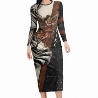 Nike Goddess Long Sleeve Bodycon Dress Winged Goddess Lyre Instrument And Greek Key