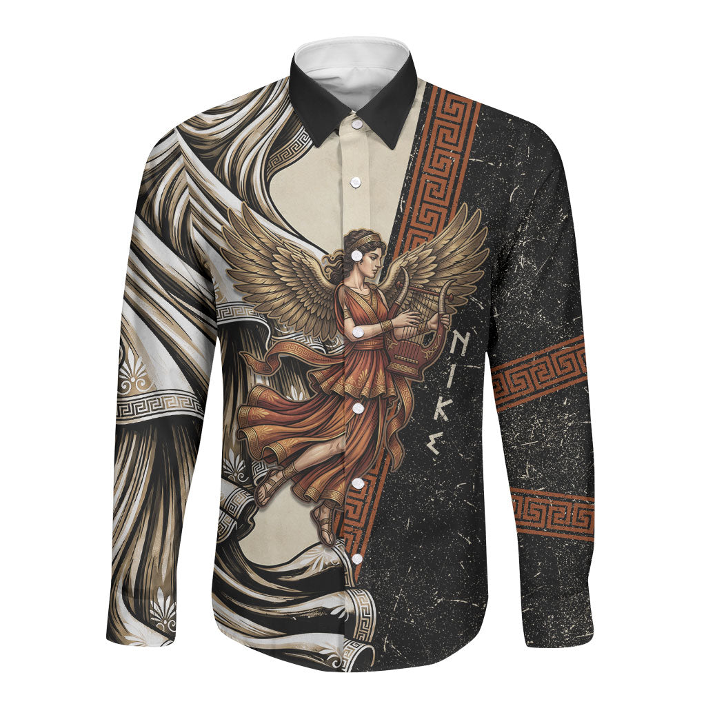 Nike Goddess Long Sleeve Button Shirt Winged Goddess Lyre Instrument And Greek Key
