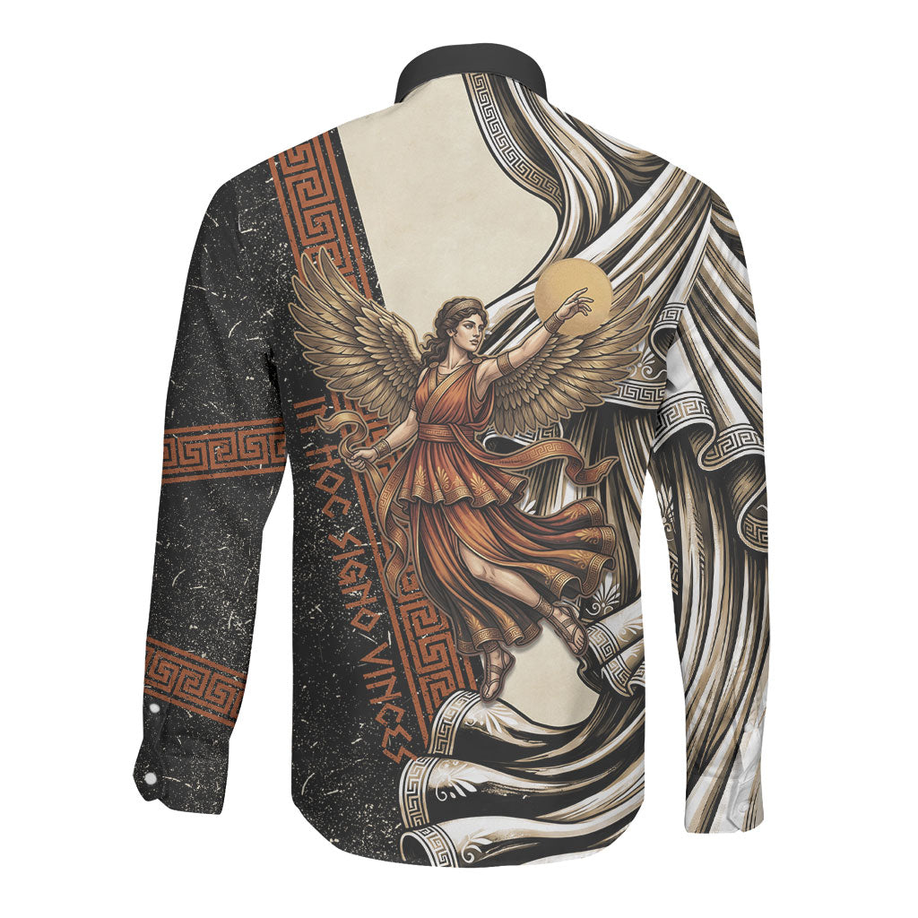 Nike Goddess Long Sleeve Button Shirt Winged Goddess Lyre Instrument And Greek Key