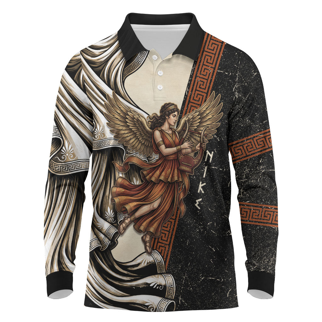 Nike Goddess Long Sleeve Polo Shirt Winged Goddess Lyre Instrument And Greek Key