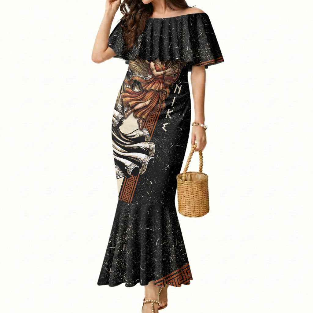 Nike Goddess Mermaid Dress Winged Goddess Lyre Instrument And Greek Key
