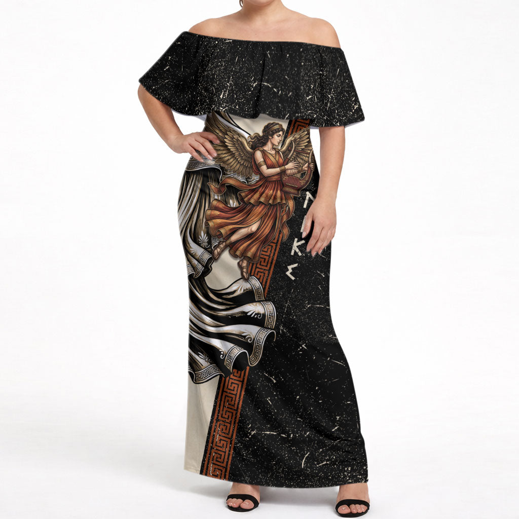 Nike Goddess Off Shoulder Maxi Dress Winged Goddess Lyre Instrument And Greek Key