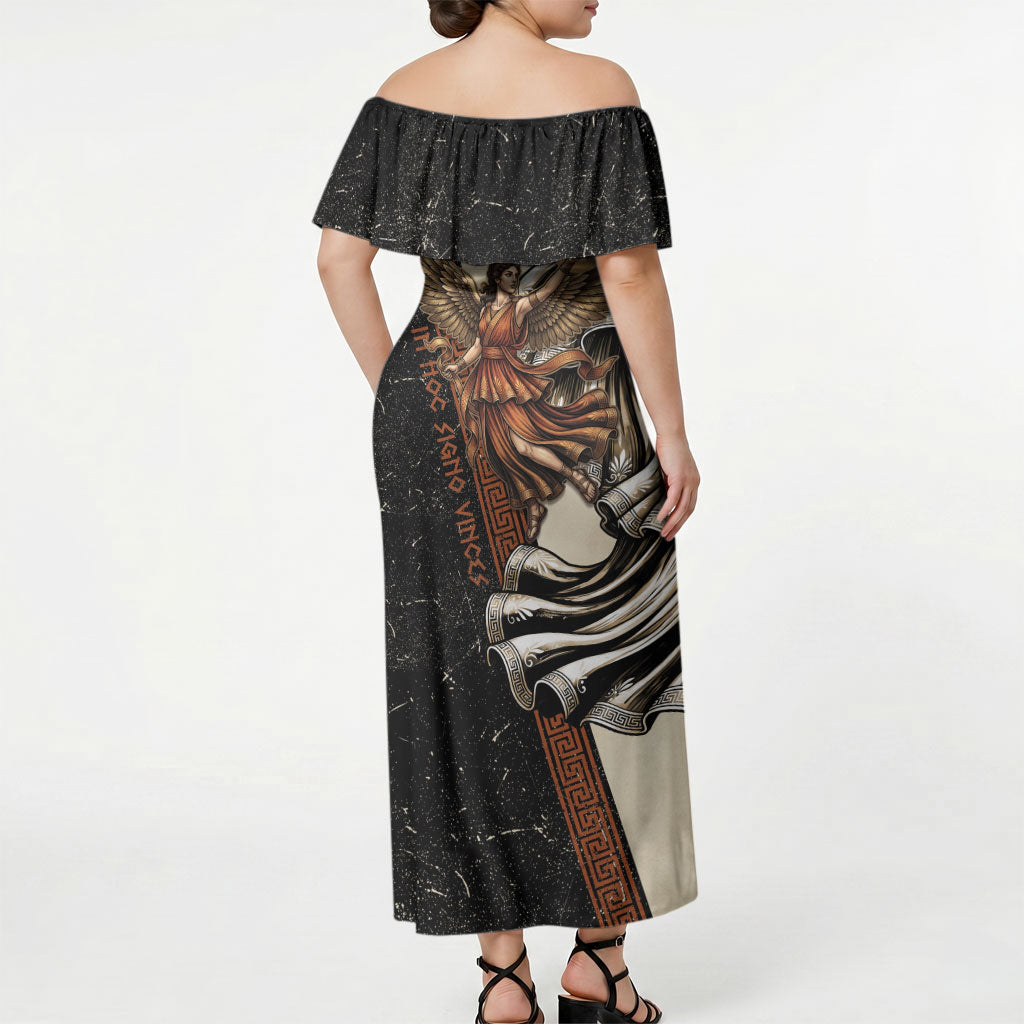 Nike Goddess Off Shoulder Maxi Dress Winged Goddess Lyre Instrument And Greek Key