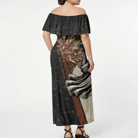 Nike Goddess Off Shoulder Maxi Dress Winged Goddess Lyre Instrument And Greek Key