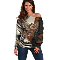 Nike Goddess Off Shoulder Sweater Winged Goddess Lyre Instrument And Greek Key