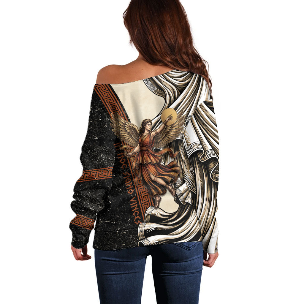 Nike Goddess Off Shoulder Sweater Winged Goddess Lyre Instrument And Greek Key