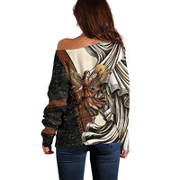 Nike Goddess Off Shoulder Sweater Winged Goddess Lyre Instrument And Greek Key