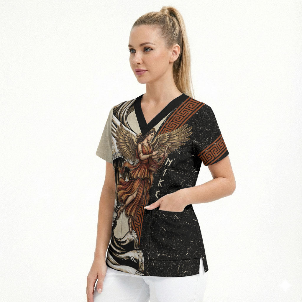 Nike Goddess Scrub Top Winged Goddess Lyre Instrument And Greek Key