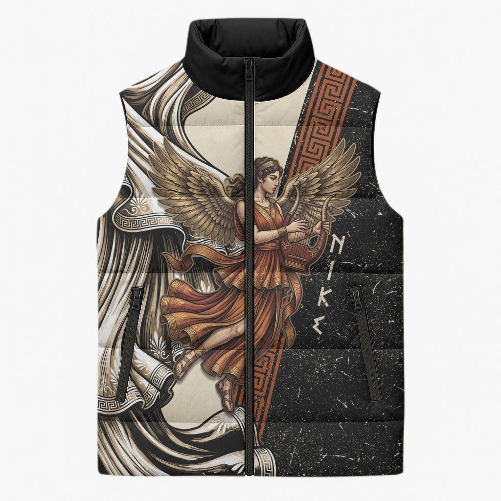 Nike Goddess Sleeveless Puffer Jacket Winged Goddess Lyre Instrument And Greek Key