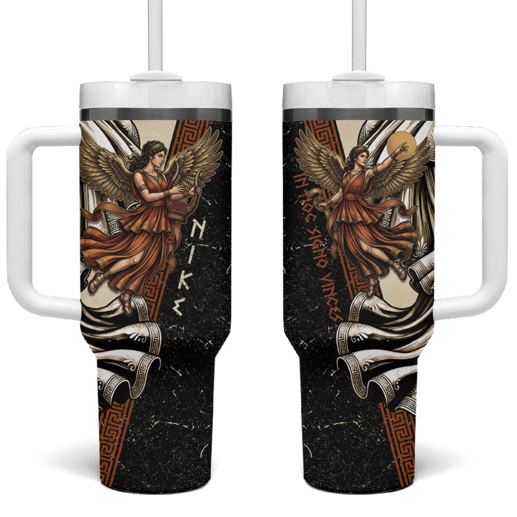 Nike Goddess Tumbler With Handle Winged Goddess Lyre Instrument And Greek Key