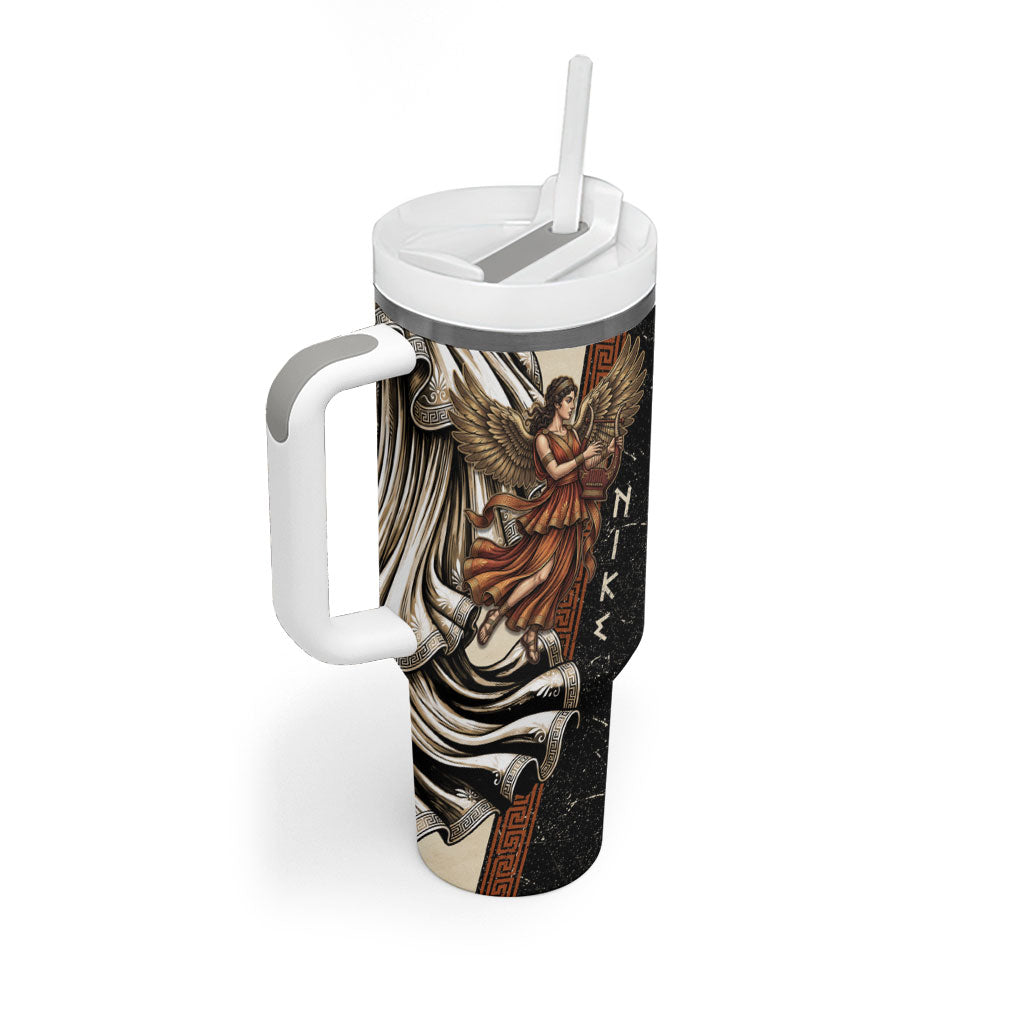 Nike Goddess Tumbler With Handle Winged Goddess Lyre Instrument And Greek Key