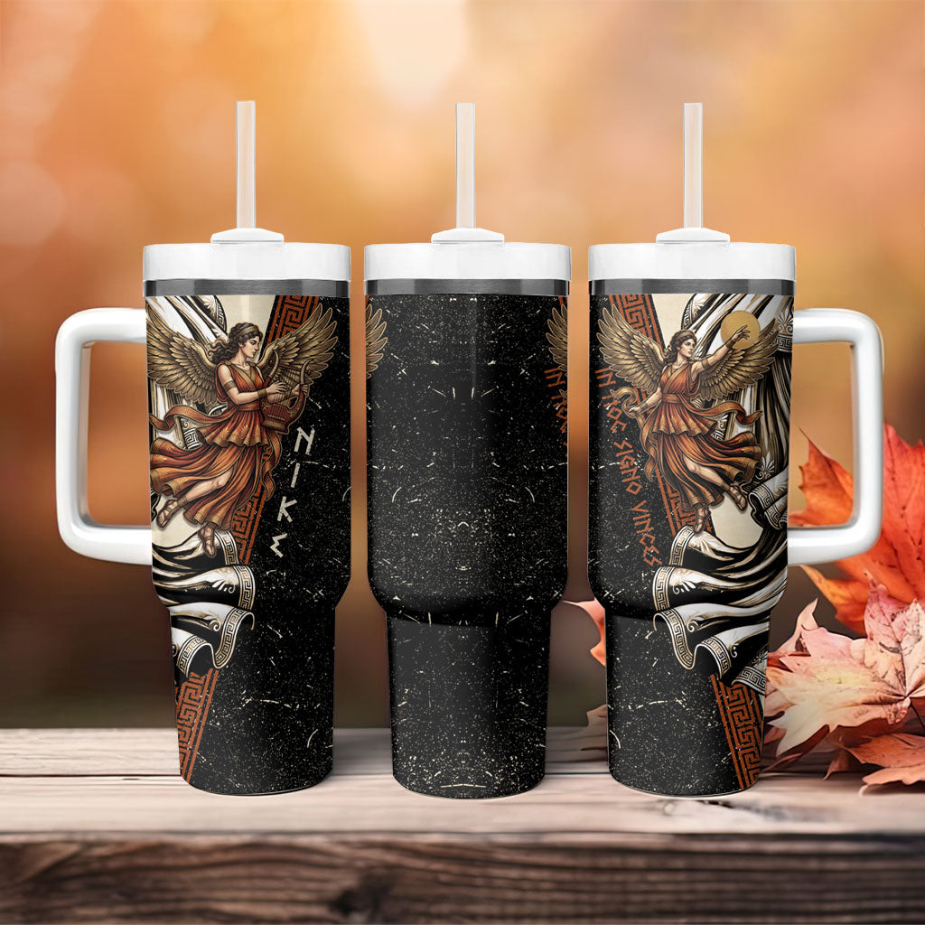 Nike Goddess Tumbler With Handle Winged Goddess Lyre Instrument And Greek Key