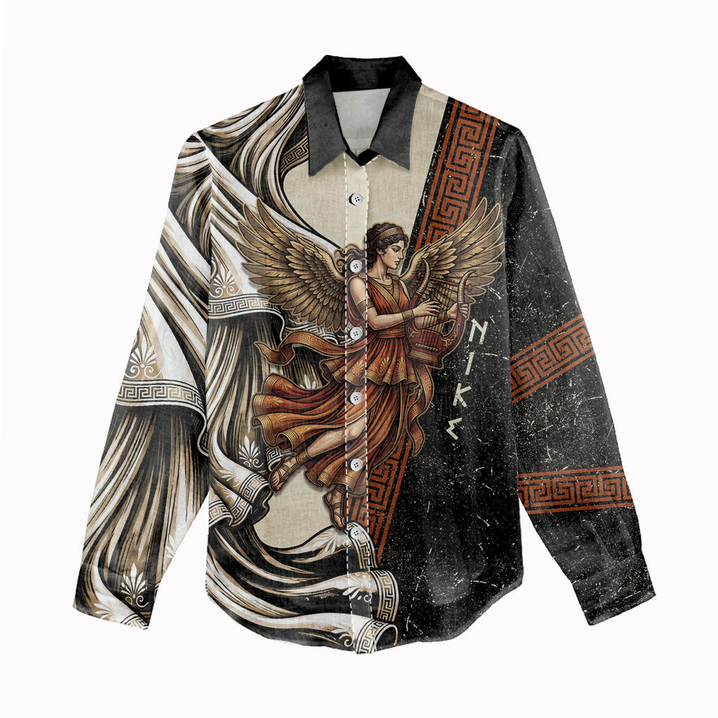 Nike Goddess Women Casual Shirt Winged Goddess Lyre Instrument And Greek Key