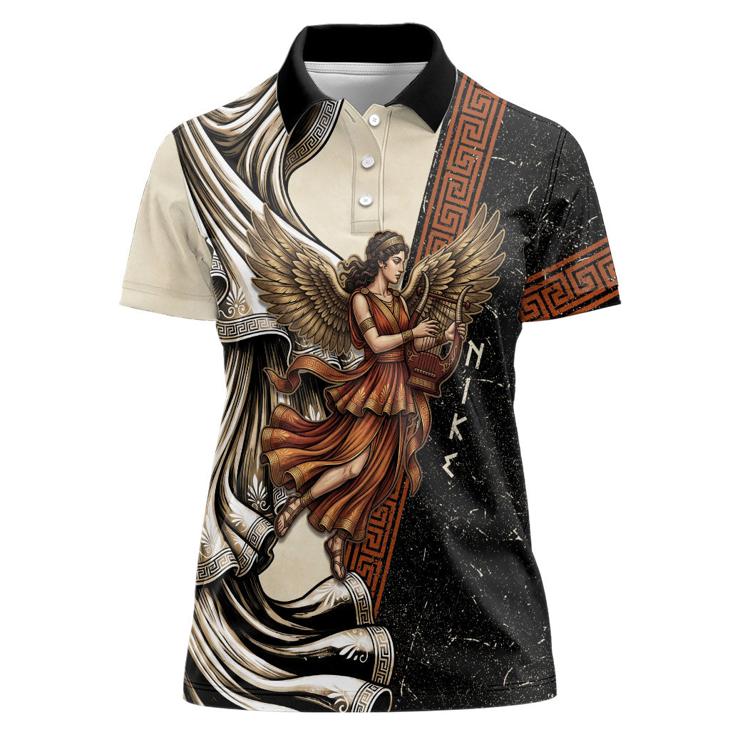 Nike Goddess Women Polo Shirt Winged Goddess Lyre Instrument And Greek Key