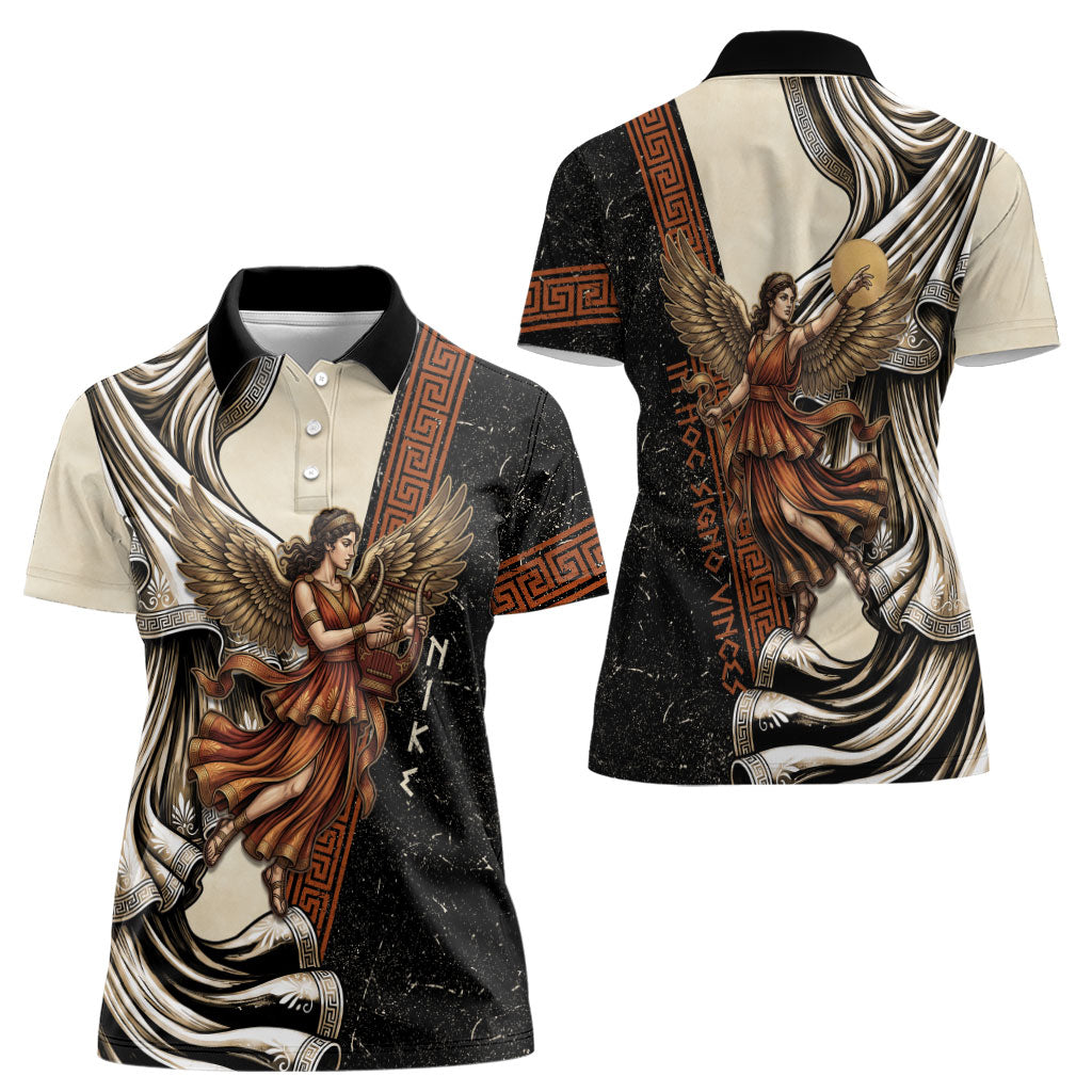 Nike Goddess Women Polo Shirt Winged Goddess Lyre Instrument And Greek Key